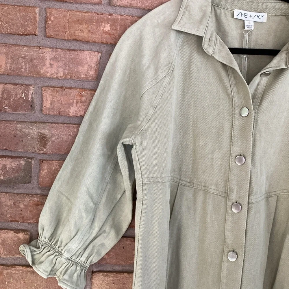 She + Sky Olive Green Denim Dress - Picture 4 of 11